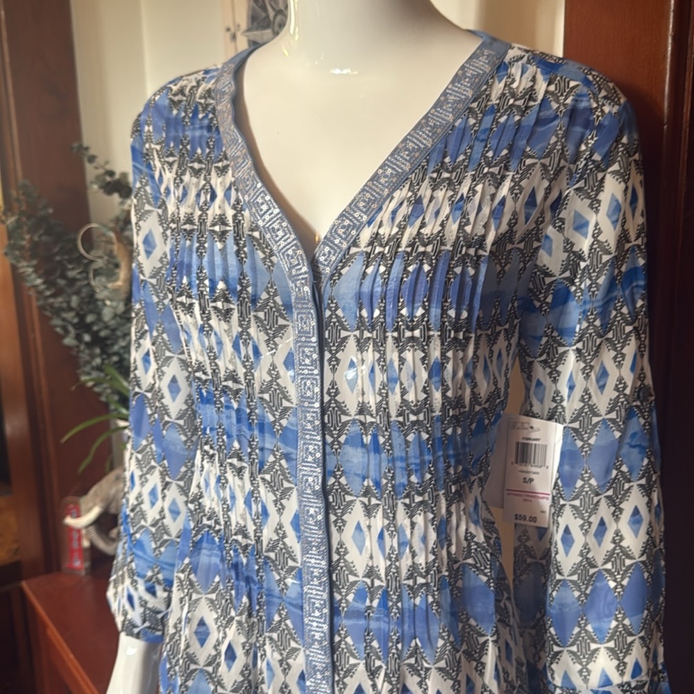 NWT Style&Co size small sheer button up Blue Patterned Women's Top
